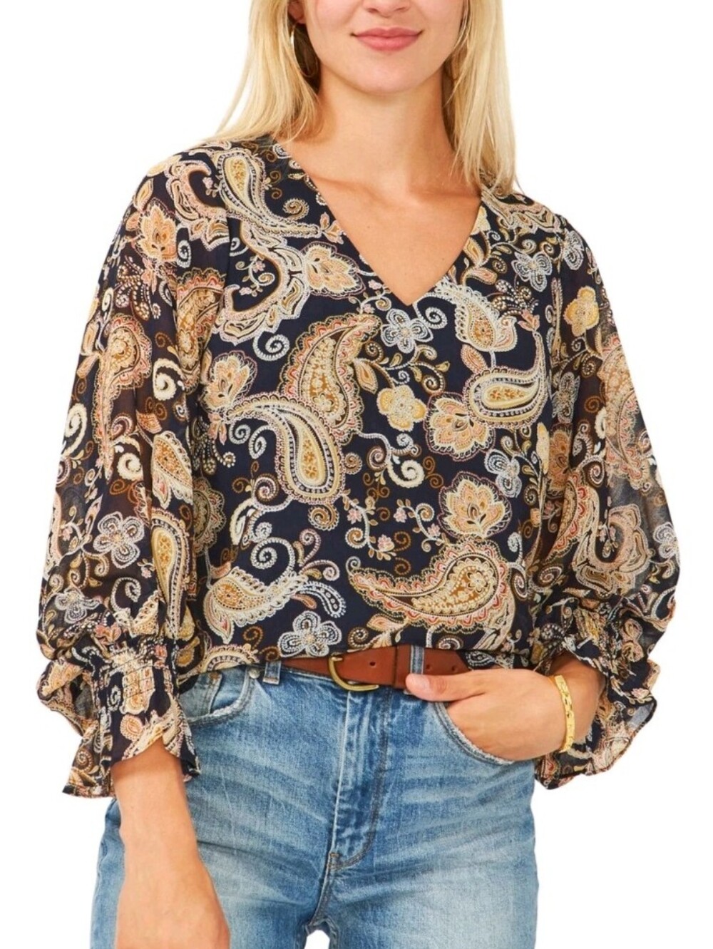 Vince Camuto Navy Paisley V-Neck Blouse with Gold Accents